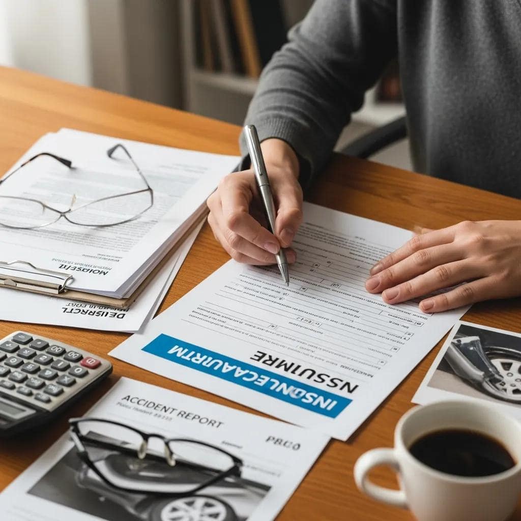 Hands filling out an insurance claim form with essential documents nearby