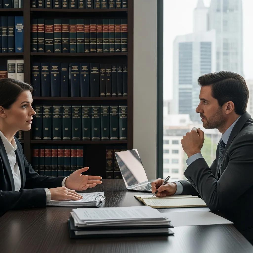 Person consulting with a lawyer about legal options for a denied insurance claim