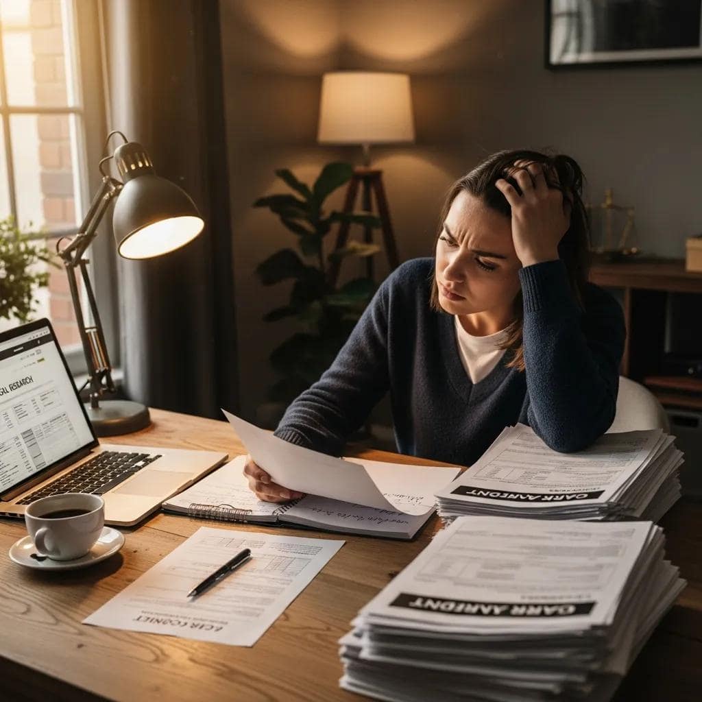Person reviewing car accident insurance documents in a home office setting